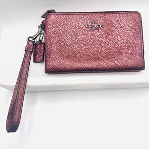Coach Leather Double Zip Around Wristlet Wallet-Metallic Bronze Brown/Rose Gold